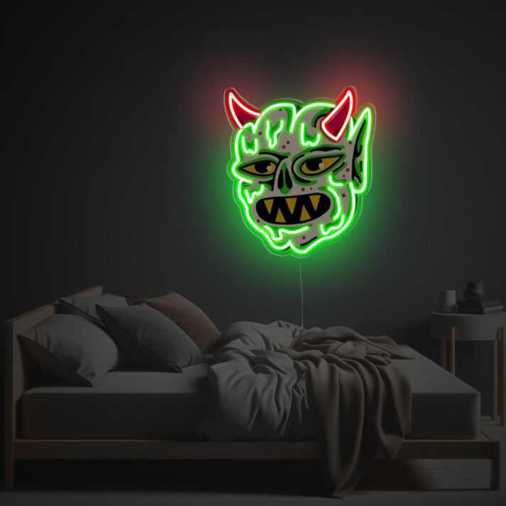 Brighten Your Bar or Party Scene with the Whimsical Ugly Green Monster With Red Corn LED Neon Acrylic Artwork.