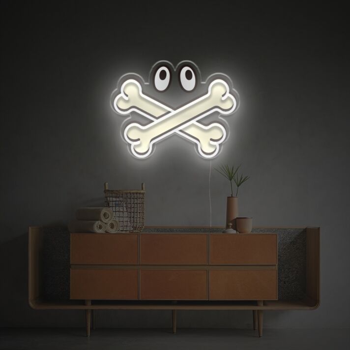 Brighten Your Space: Versatile Bone Cross With Eyes LED Neon Acrylic Artwork Perfect for Office, Storefronts, and Edgy Home Decor.