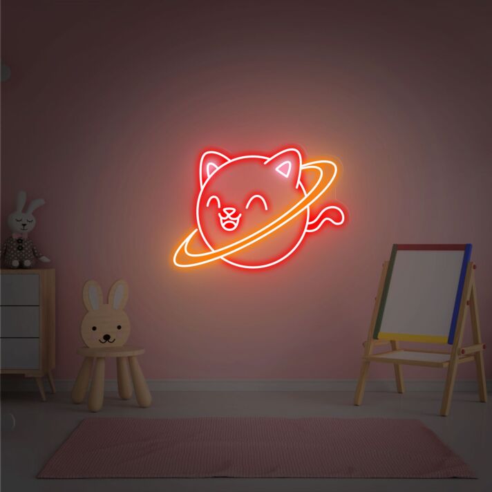Brighten Your Children's Room and Celebrate Special Occasions with Meow Planet Neon Sign Cute Cat Neon Sign Kid Room Wall Light Decoration Perfect for Parties, Weddings, and Playful Home Decor.