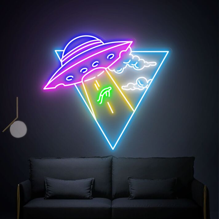 Elevate Your Space: Cool Ufo Kidnapping Man Led Neon Sign for Creative Wall Decor in Home, Office, Bars, and Sci-Fi Themed Parties.