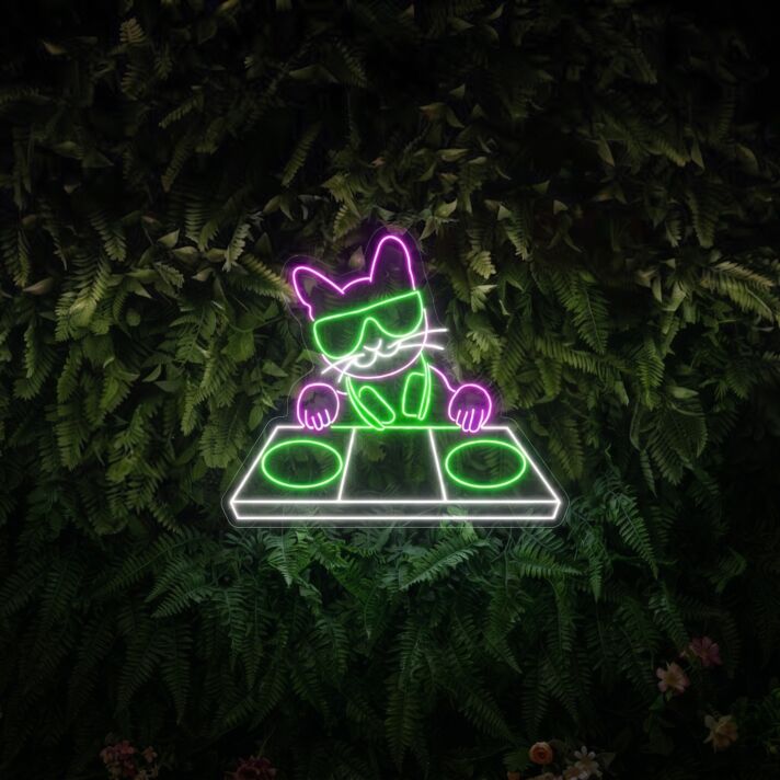 Brighten Up Any Space: Cat Playing Dj Led Sign - Perfect for Cat Lover’s Room, Home Bar, and Club Decorations.