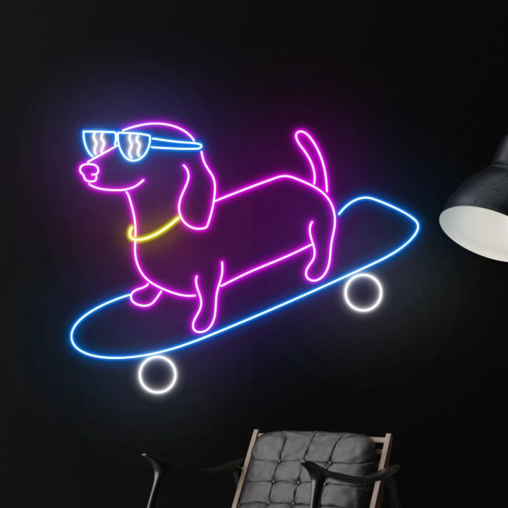 Brighten Your Space: Cute Dog Skateboarder Led Sign Dachshund Neon Light, Perfect for Home Decor, Offices, and Pet Shops.