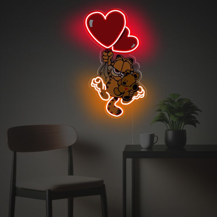 Garfield Holding Red Heart Balloon LED Neon Acrylic Artwork