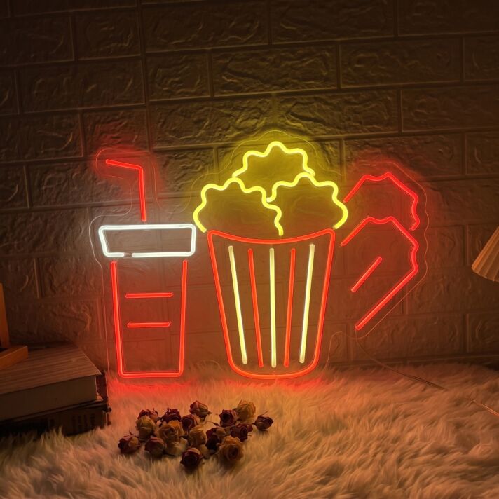 Movie Night Popcorn Neon Sign for Home Theaters and Movie Lovers