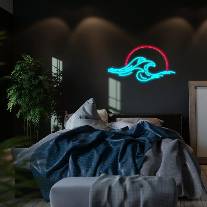 Ice Blue Waves and Red Sun Neon Sign Coastal Decor