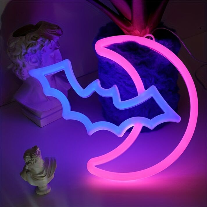 Set the perfect eerie ambiance for your Halloween fest with Bat LED Neon Signs Halloween Decoration Moon Bat LED Neon Lights - Ideal for Home, Bars, and Haunted Houses.