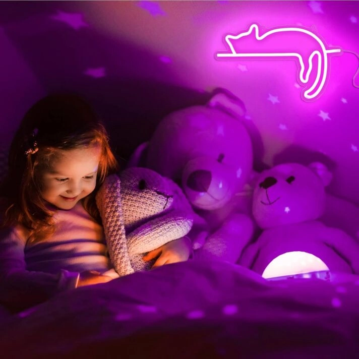 Brighten up your bedroom, kids' room, or add a whimsical touch to weddings and parties with the Dark Pink Lazy Sleeping Cat Neon Sign.
