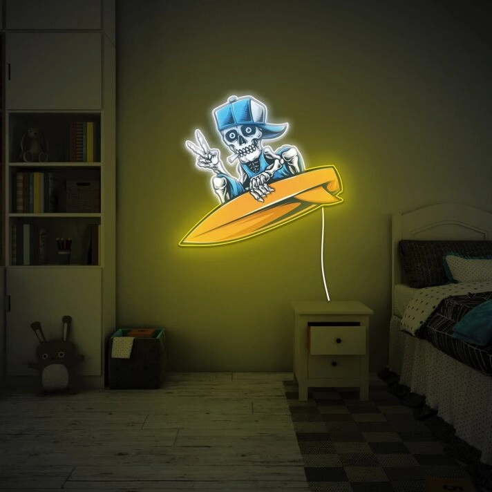 Transform Your Space into a Vibrant Haven: Surfer Skull UV Light Dazzling Neon Art Perfect for Parties, Bars, and Edgy Home Decor.
