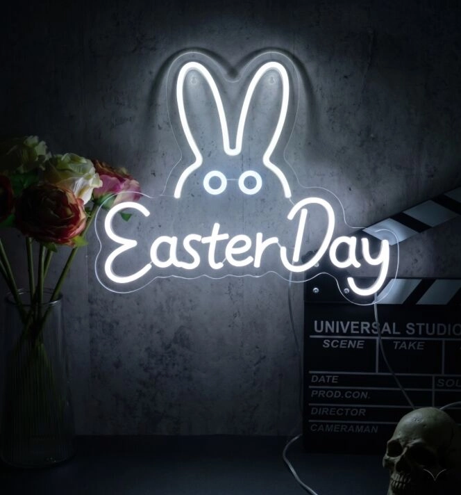 Brighten Up Your Easter Celebrations and Decor: Easter Day Words Cute Bunny Ears Eyes Cute Easter Neon Sign for Home, Office, Stores, and Spring Parties.