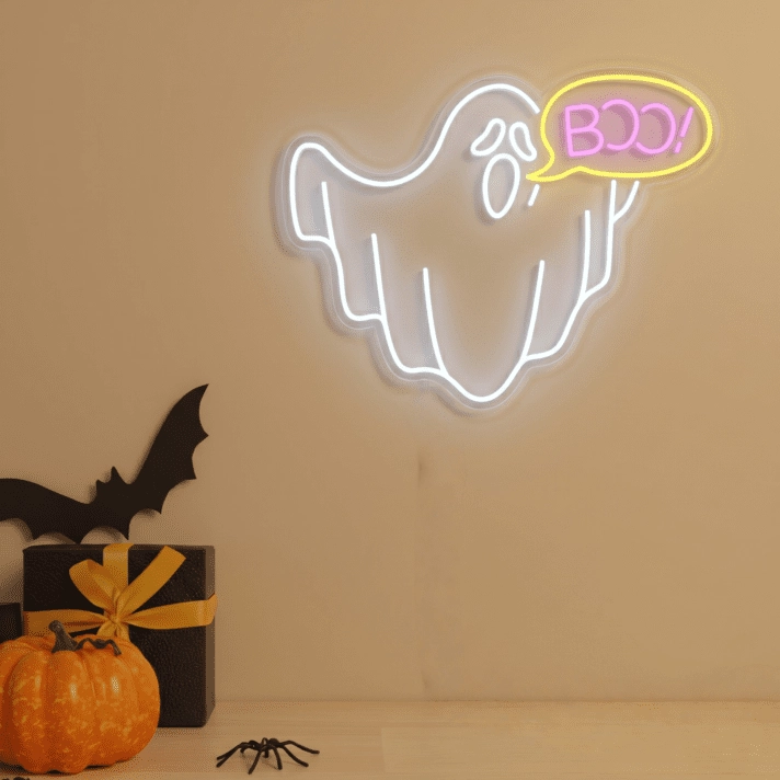 Transform any space into a spooky delight with the Halloween Ghost With Boo Text Bubble LED Neon Sign, perfect for home decor, themed events, bars, and store windows.