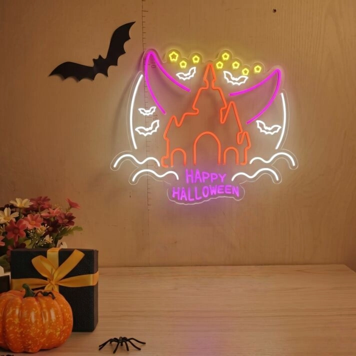 Elevate Your Spooky Festivities: Happy Halloween With Castle LED Neon Sign for Home Decor, Office, and Themed Parties.