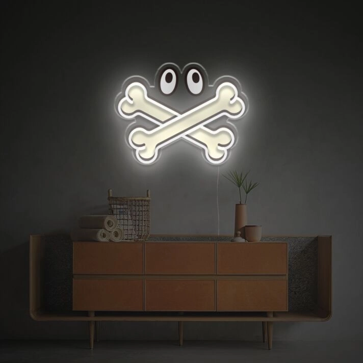 Brighten Your Space: Versatile Bone Cross With Eyes LED Neon Acrylic Artwork Perfect for Office, Storefronts, and Edgy Home Decor.