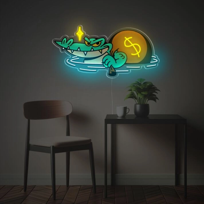 Brighten Your Bar, Office or Living Space with the Crocodile With Bag Of Money LED Neon Acrylic Artwork: A Unique Accent for Any Setting!