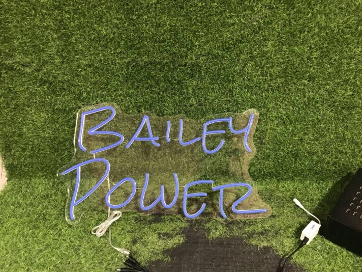Elevate Your Bar, Office, or Wedding Ambiance with the Bailey Power Blue LED Neon Sign.
