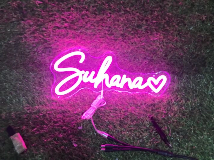 Brighten Your Space: Suhana With Heart Pink LED Neon Sign for Weddings, Parties, and Home Decor.