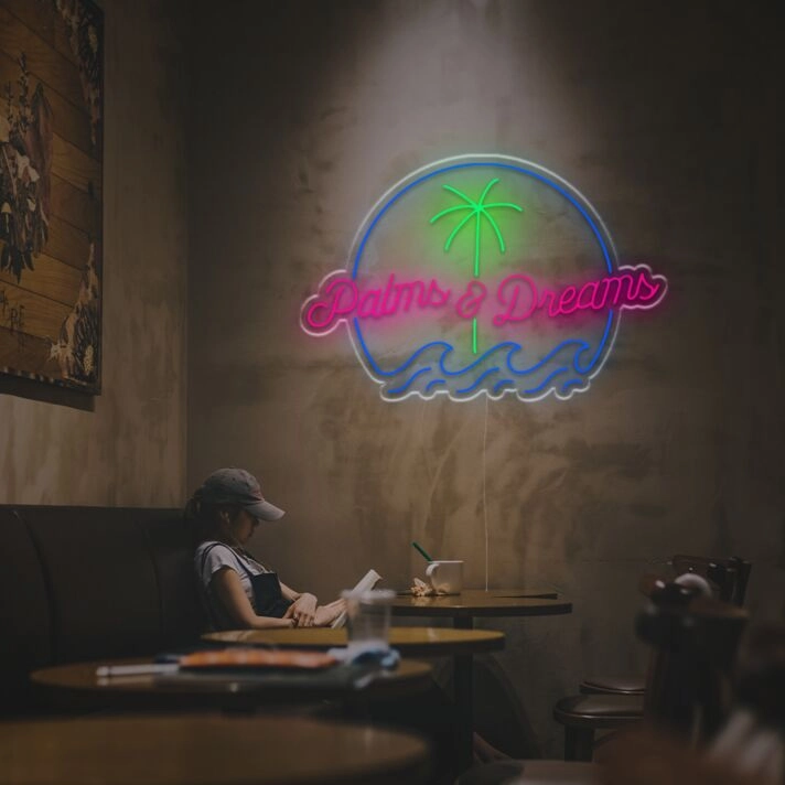 Brighten Up Your Bar, Office, or Tropical-Themed Wedding with the Palms And Dreams LED Neon Sign.