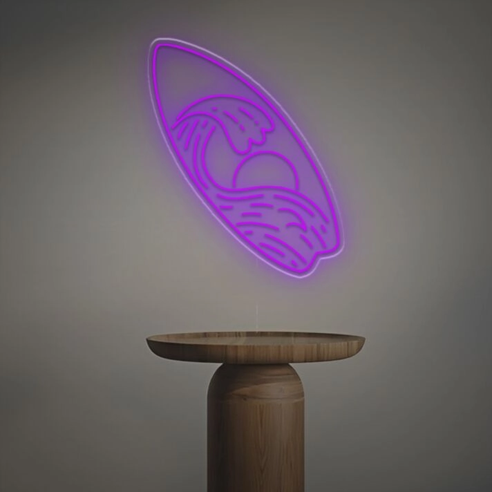 Bring the Beach Vibe to Your Bar, Office, or Home Decor with the Surfboard With Sun And Wave LED Neon Sign.