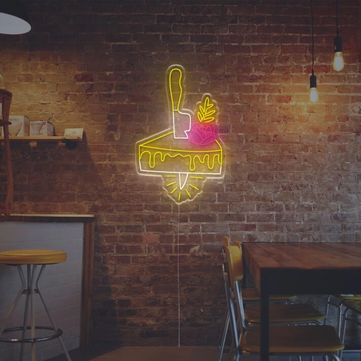 Elevate Your Ambiance from Home to Wedding: Cheese Cake With Knife And Rose LED Neon Sign for Unique Decor.