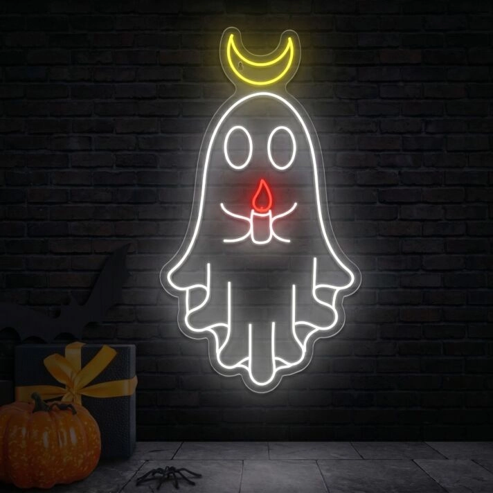 Brighten Your Spooky Gatherings and Haunted Spaces with Ghost Handing A Candle LED Neon Sign: Perfect for Halloween Decor, Themed Parties, and Creepy Bar Ambiances.