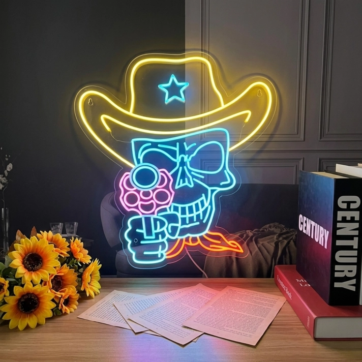 Transform Your Game Room, Bar, or Man Cave with the Cowboy Skull Neon Sign Skull And Revolver Neon Lights Decor.