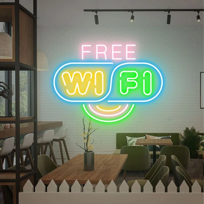 Brighten Up Your Café or Home Office: Free Wifi Neon Sign in Custom Sizes and Colors for a Welcoming Shop Wall or Cozy Study Space Decor.