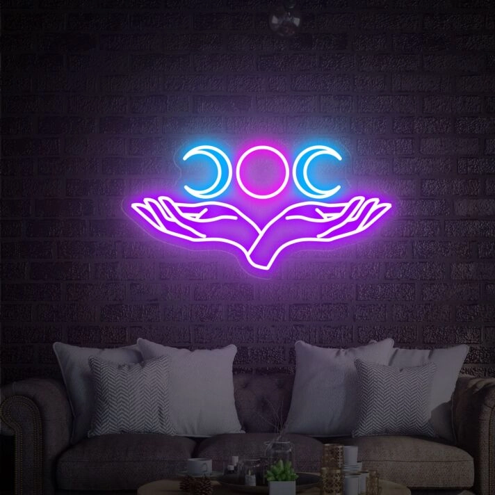 Enhance Your Space with Triple Moon And Hand Neon Sign LED Neon Signs - Perfect for Home, Office, Store, Bar, Weddings, and Parties Decor