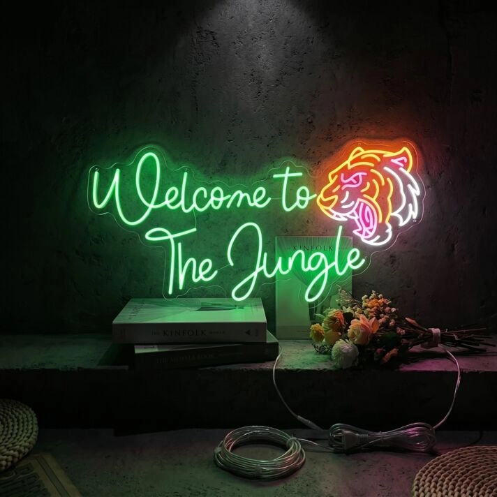 Elevate Your Space: Welcome To The Jungle Welcome Sign Green Led Light Signs Perfect for Bars, Home Decor, and Themed Events.