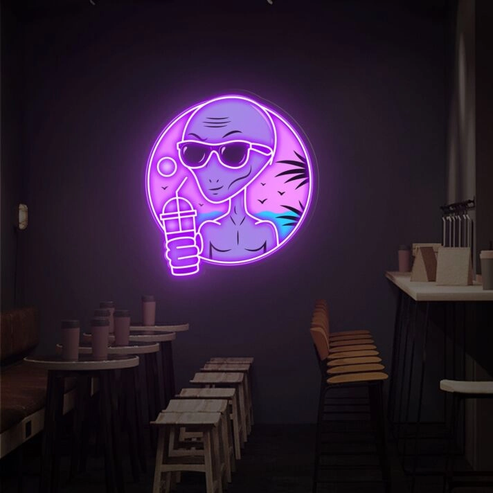 Brighten Up Your Café or Themed Party with the Quirky Print Acrylic Board Alien Drinking Milk Tea LED UV Neon Sign.