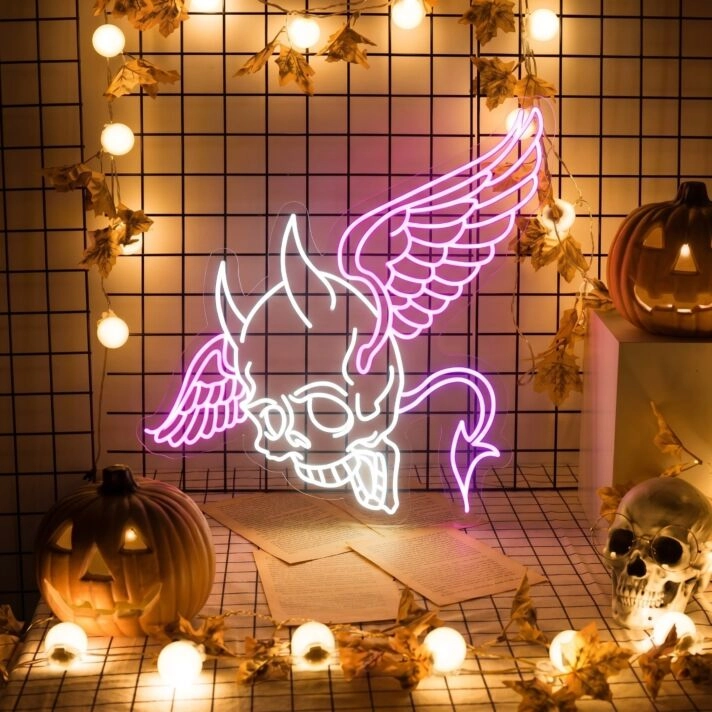 Brighten Up Your Space: Skull Head With Wings Neon Lights Sign Handmade Artwork - Perfect for Home Decor, Bars, and Edgy Office Settings.