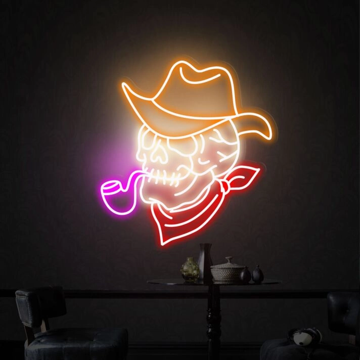 Elevate Your Space with "Smoking Skull Neon Lights Sign Handmade Artwork," Perfect for Home Decor, Offices, Bars, and Edgy Weddings.