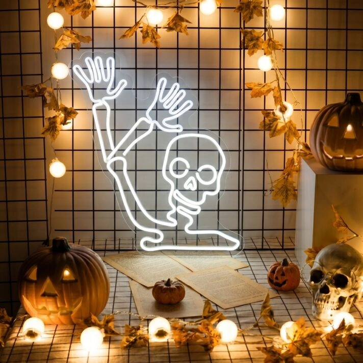 Light Up Your Halloween Bash and Spookify Your Space with Waving Skeleton Led Neon Sign Skull Led Light for Home Decor, Office, Store, and Bar Celebrations.