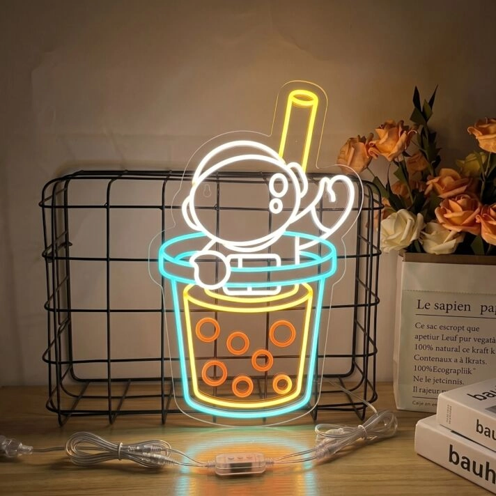 Brighten Your Space: Perfect for Home, Cafes, and Themed Parties with Bubble Tea Led Neon Sign Spaceman Led Sign Bubble Tea Coffee Wall Decors.