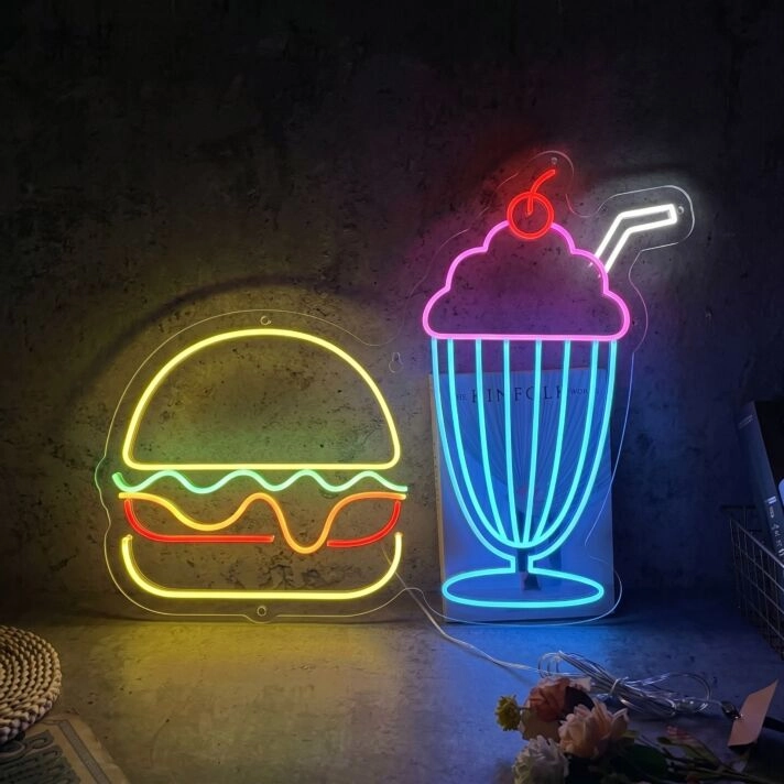 Brighten Your Restaurant, Bar, or Kitchen: The Burger And Shake Led Neon Sign - Perfect for Food-Inspired Spaces and Events!