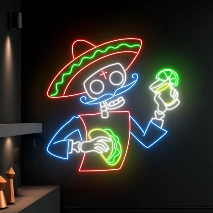 Mexican Skeleton Eating Tacos Led Neon Sign Skeleton Led Sign Custom Tacos Neon Light