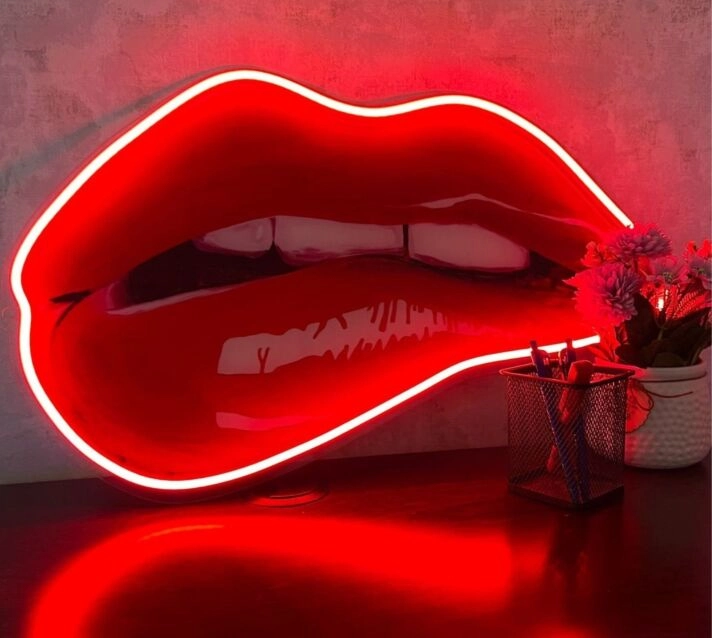 Lip Bite Uv Printed Neon Artwork - Embrace The Allure Of Seductive Glow