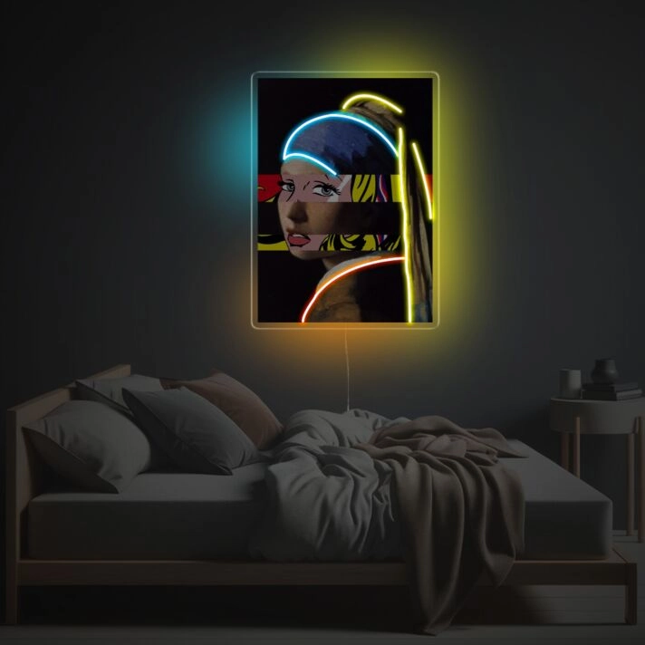 Girl Wearing Pearl Earrings Protrait In Pop Style LED Neon Acrylic Artwork