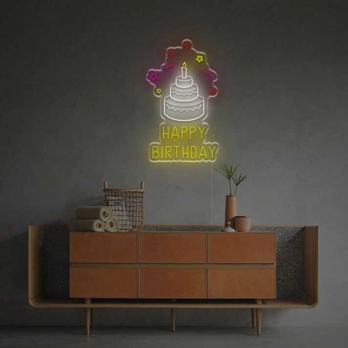 Happy Birthday With Birthday Cake LED Neon Sign