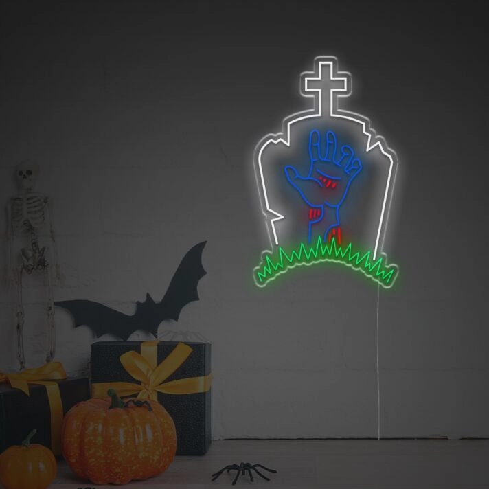 Zombie Coming Out From Tombstone LED Neon Sign