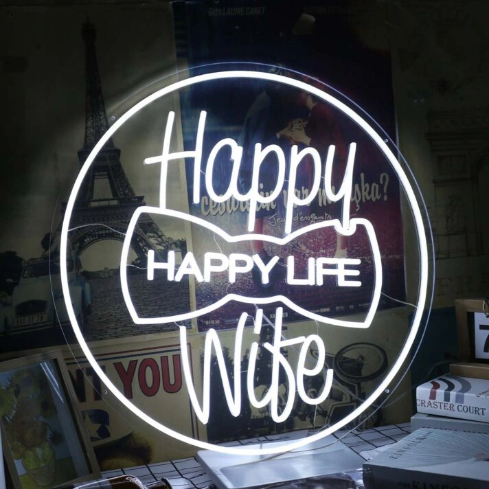 Happy Wife Happy Life White Neon Sign
