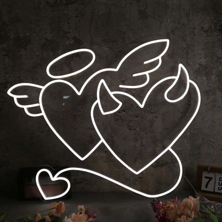 Angle And Devil Heart White Neon Sign