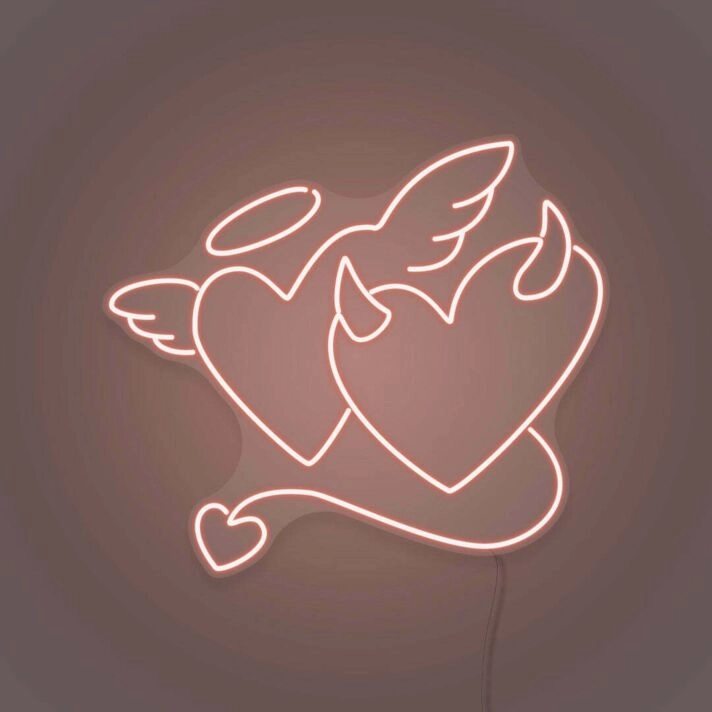 Angel and Devil Hearts Neon Art Playful Duality and Temptation