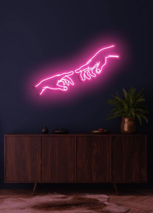 Touching hands Neon Connection and Humanity in Light