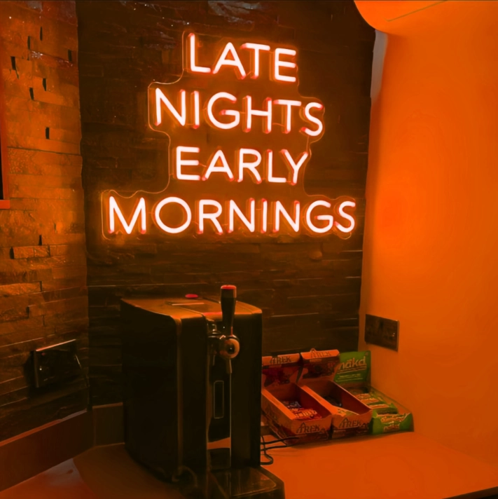 "Late Nights, Early Mornings" Neon Sign: Light Up Your 24-Hour Lifestyle