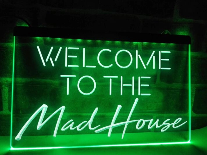 Welcome to the Mad House Hanging Neon Sign