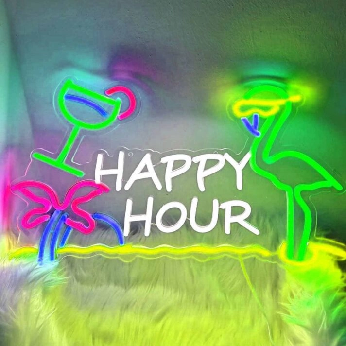 Happy Hour Flamingo Sunglasses Palm Tree Neon Sign