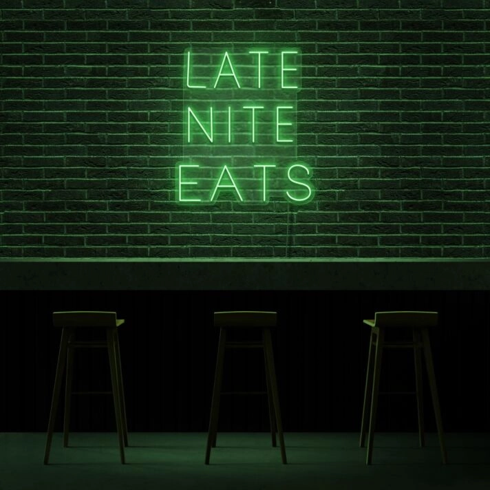 Late Night Eats Neon Sign for Night Owls and Fun Spaces