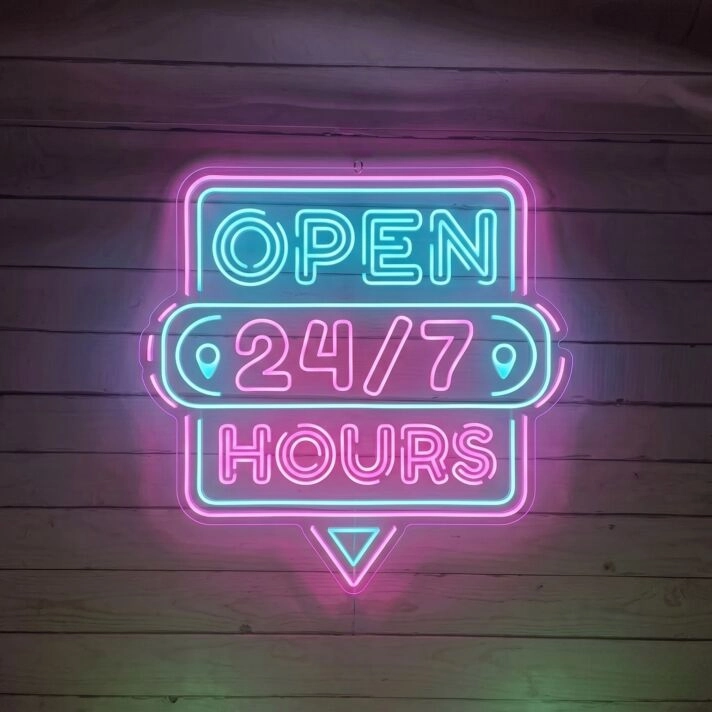 24/7 Open Hours Neon Sign for Businesses and Shops