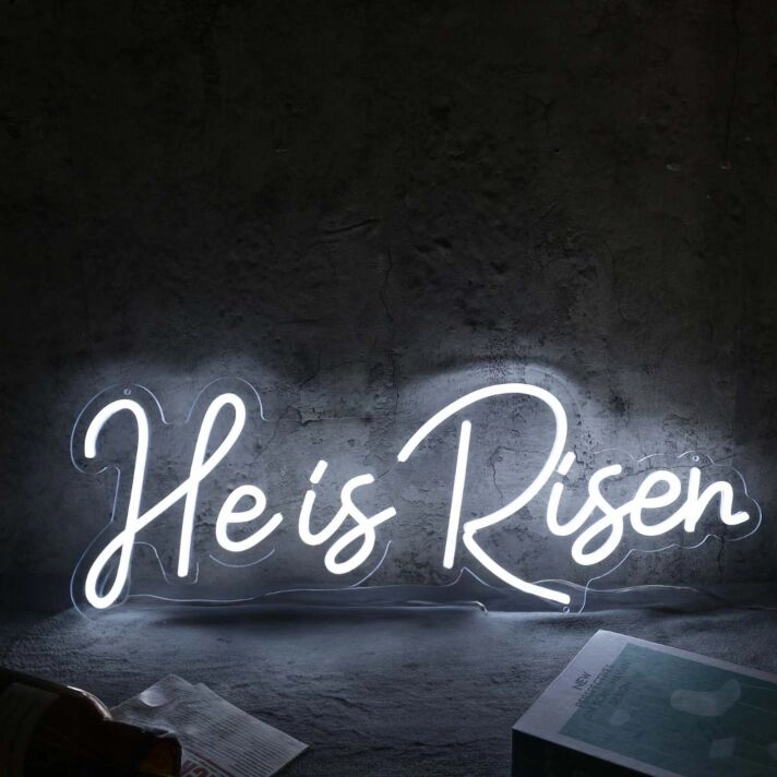 He Is Risen White Neon Sign for Religious and Spiritual Spaces