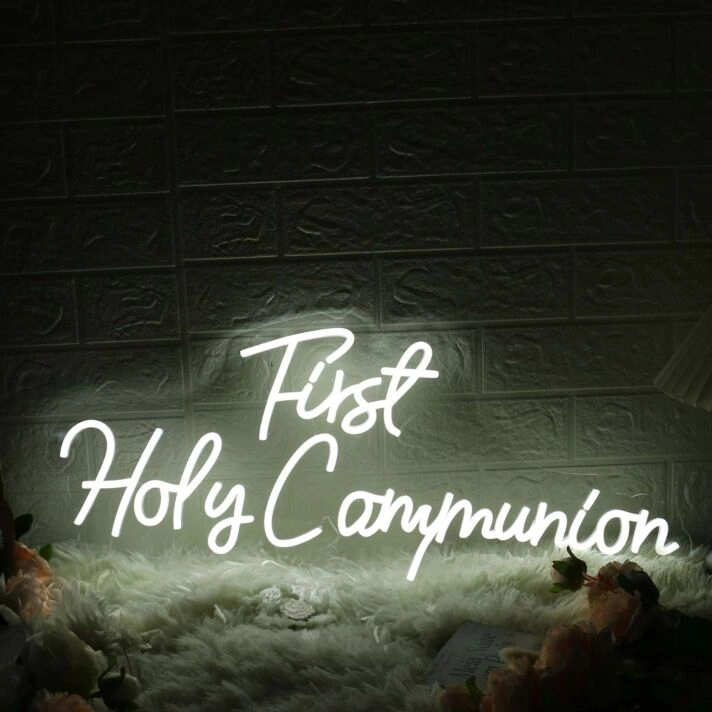 First Holy Communion White Neon Sign for Religious and Spiritual Spaces