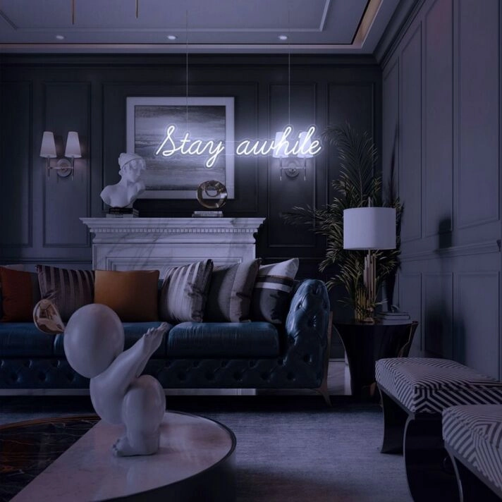 Stay Awhile Neon Sign for Welcoming and Cozy Spaces